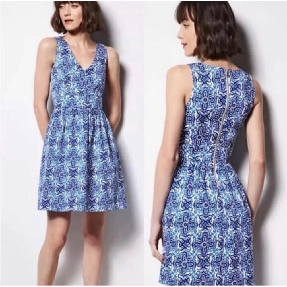 Milly for Design Nation Blue White Tile Print Fit Flare Dress Size 10